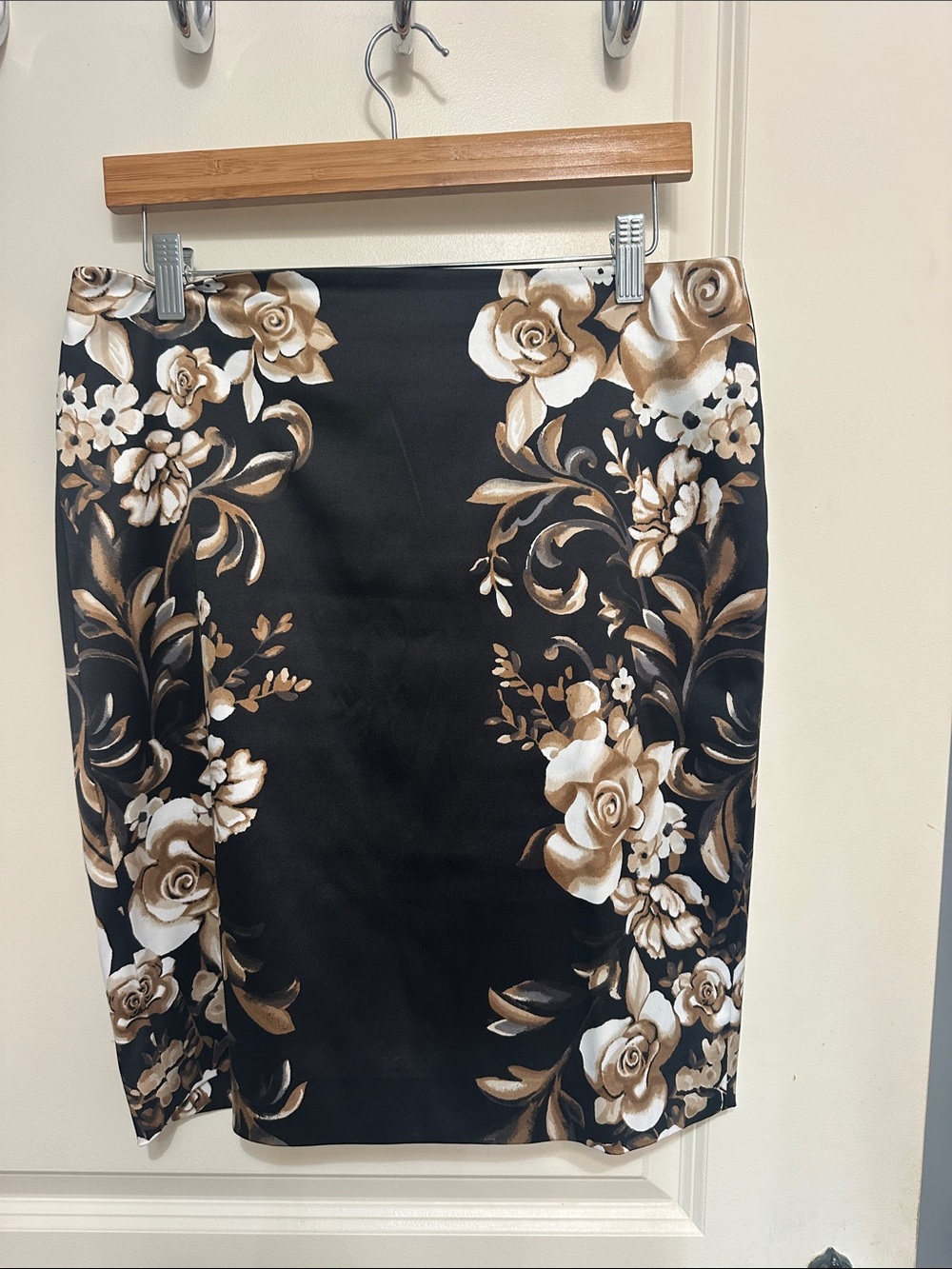 White House Black Market Black Pencil Skirt with Beige Floral Print